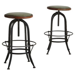 Vintage Pair of Industrial Iron + Green Leather Studded Stools, France 1950s