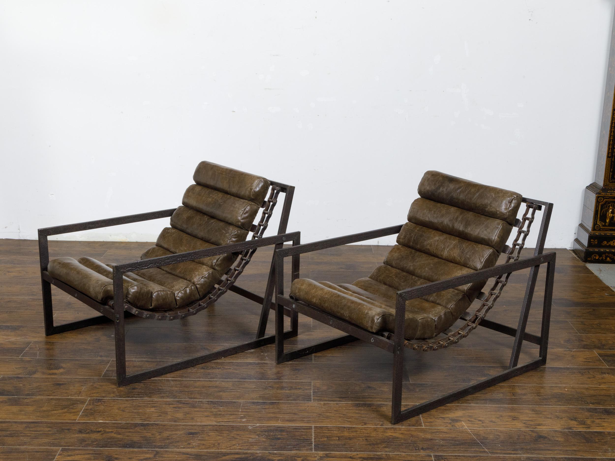 Pair of Industrial Iron Sling Transat Chairs with Brown Leather In Good Condition For Sale In Atlanta, GA