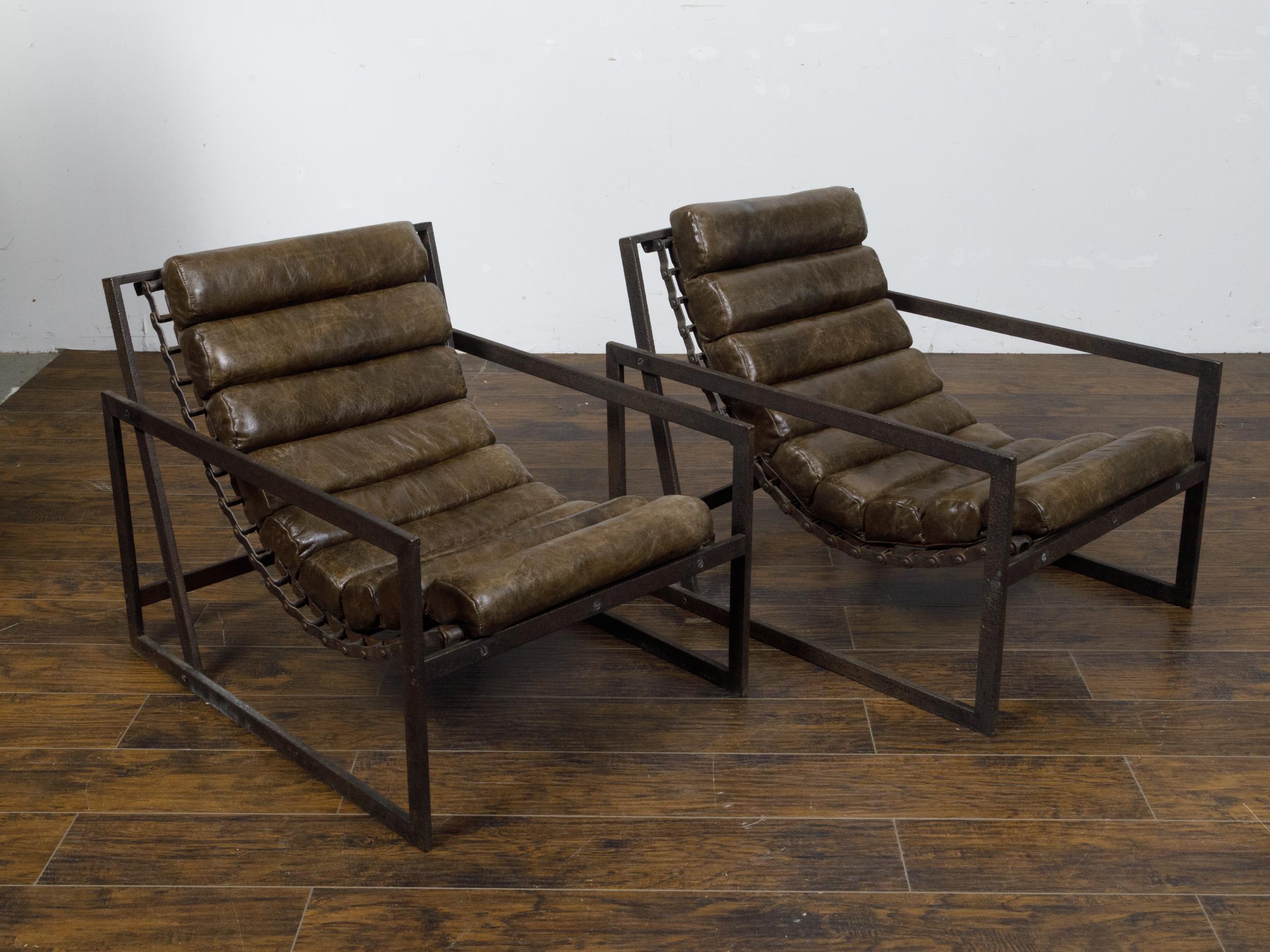 20th Century Pair of Industrial Iron Sling Transat Chairs with Brown Leather For Sale