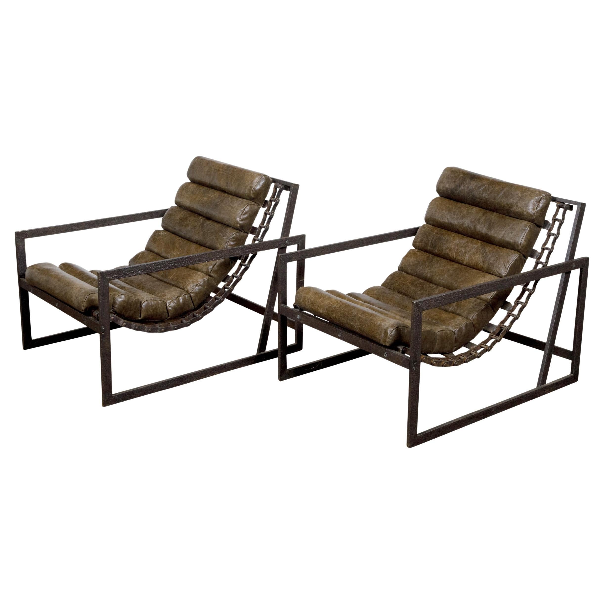 Pair of Industrial Iron Sling Transat Chairs with Brown Leather For Sale