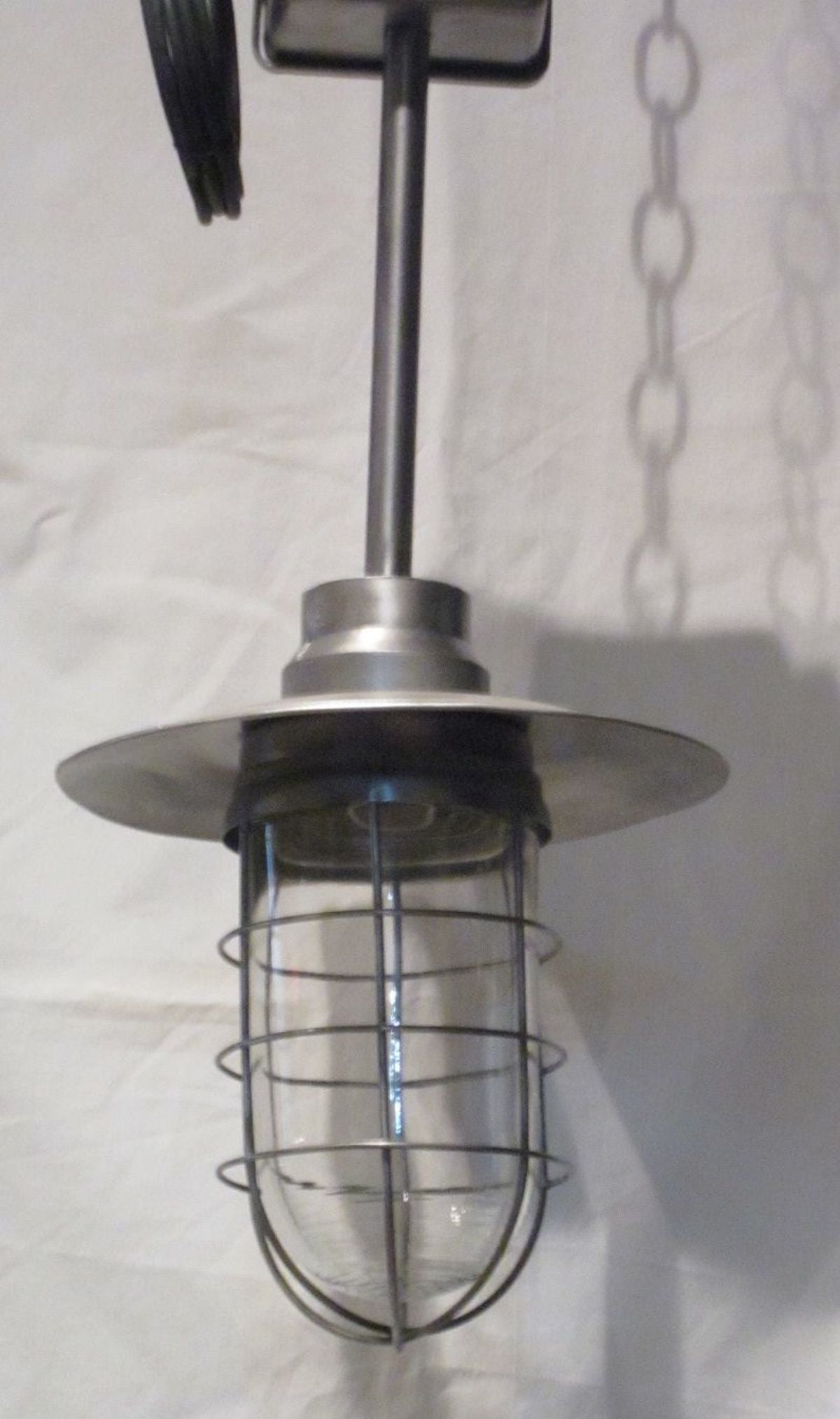Dutch Pair of Industrial Large Metal and Glass Cage Light, Netherlands, 1940s