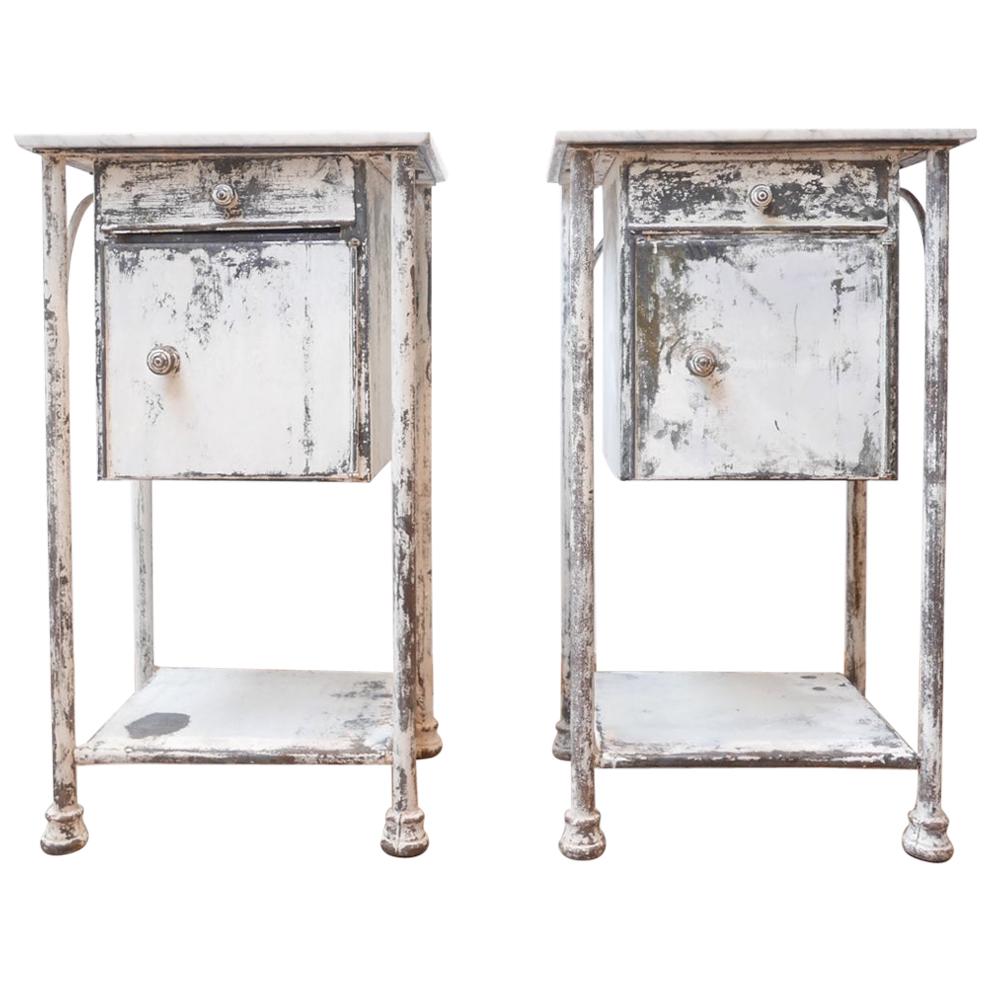 Pair of Industrial Metal and Marble French Bedsides