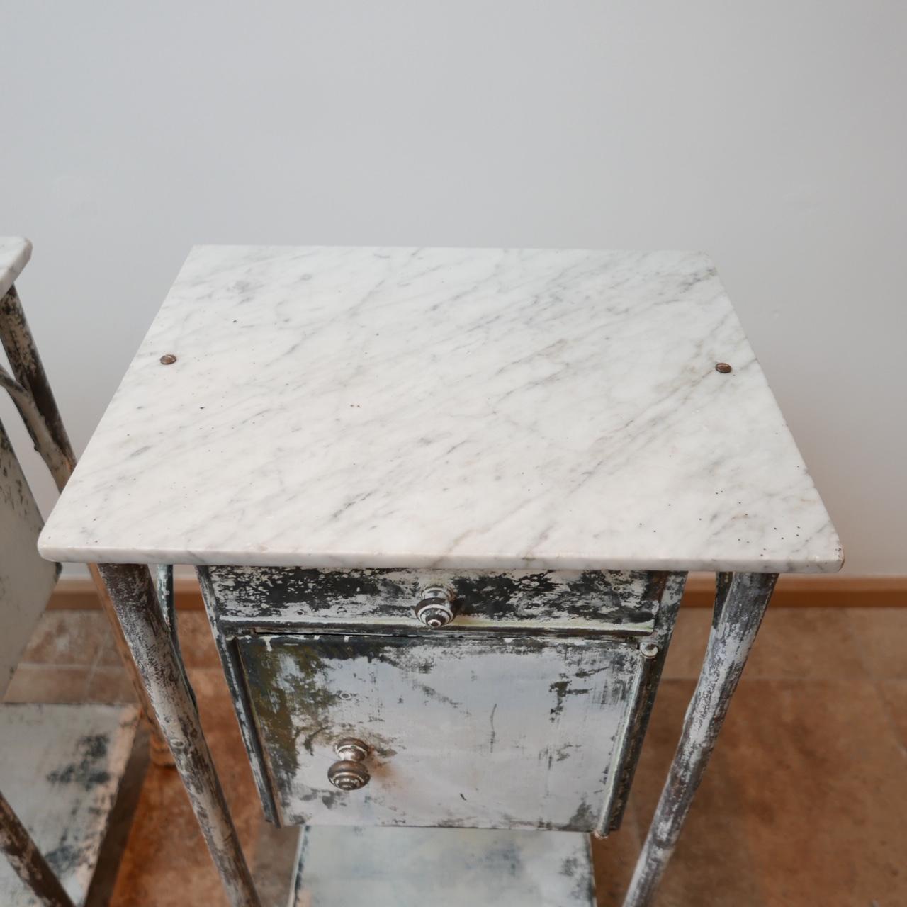 Mid-20th Century Pair of Industrial Metal and Marble French Bedsides