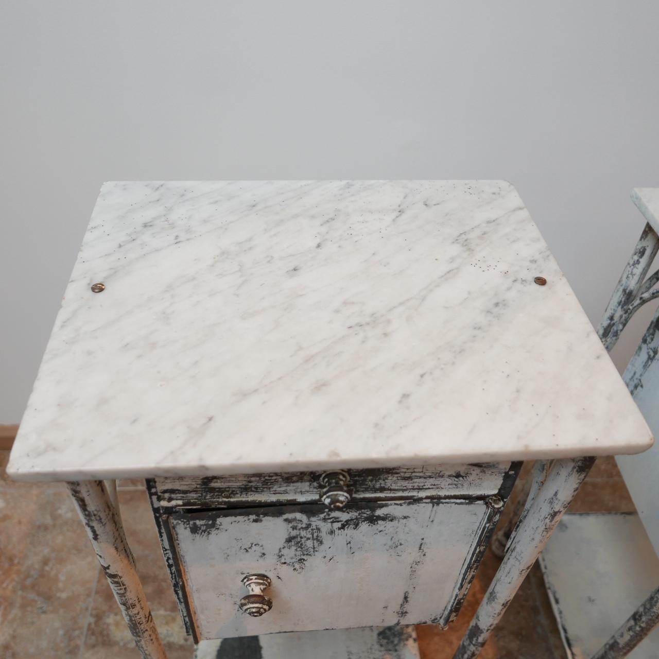 Carrara Marble Pair of Industrial Metal and Marble French Bedsides