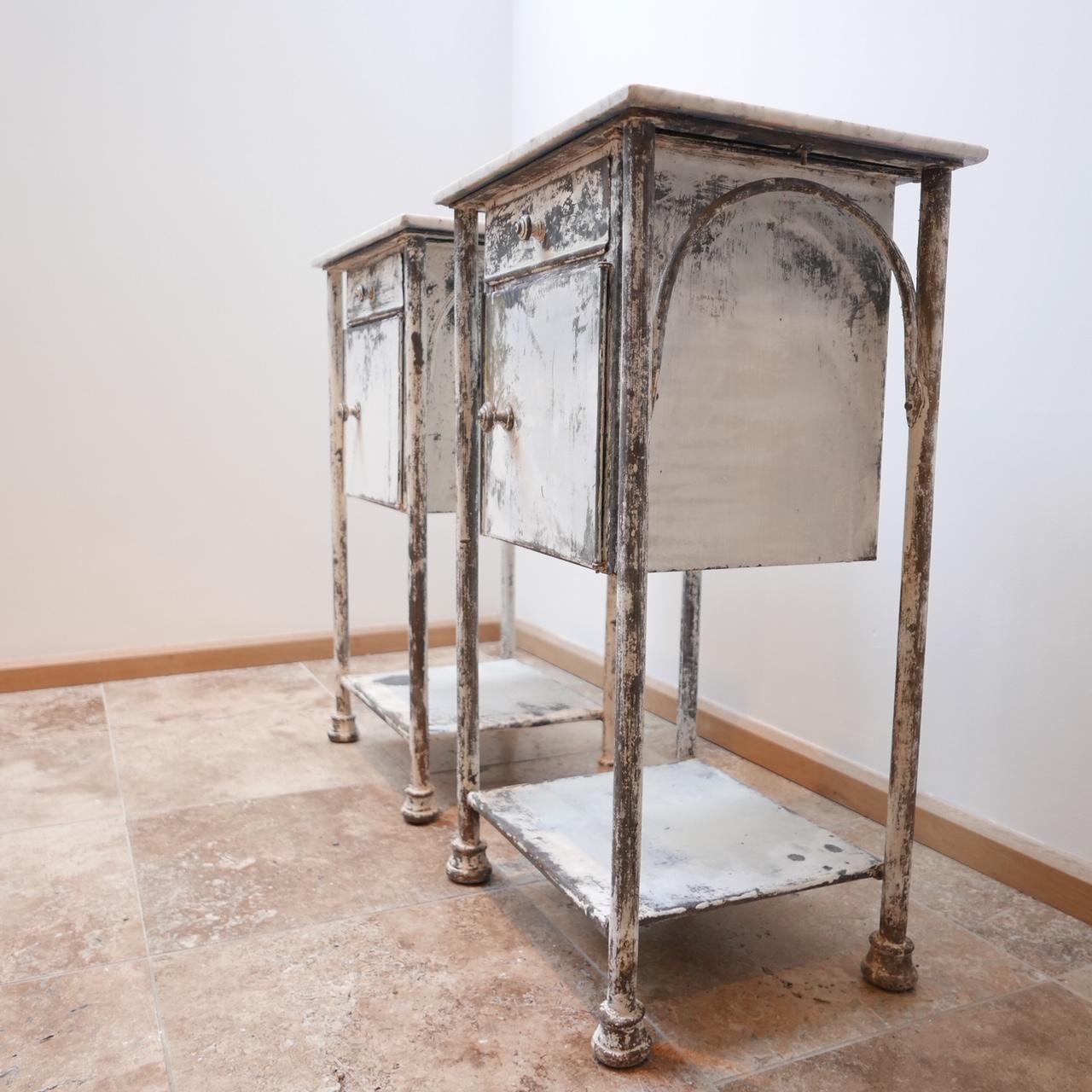 Pair of Industrial Metal and Marble French Bedsides 1