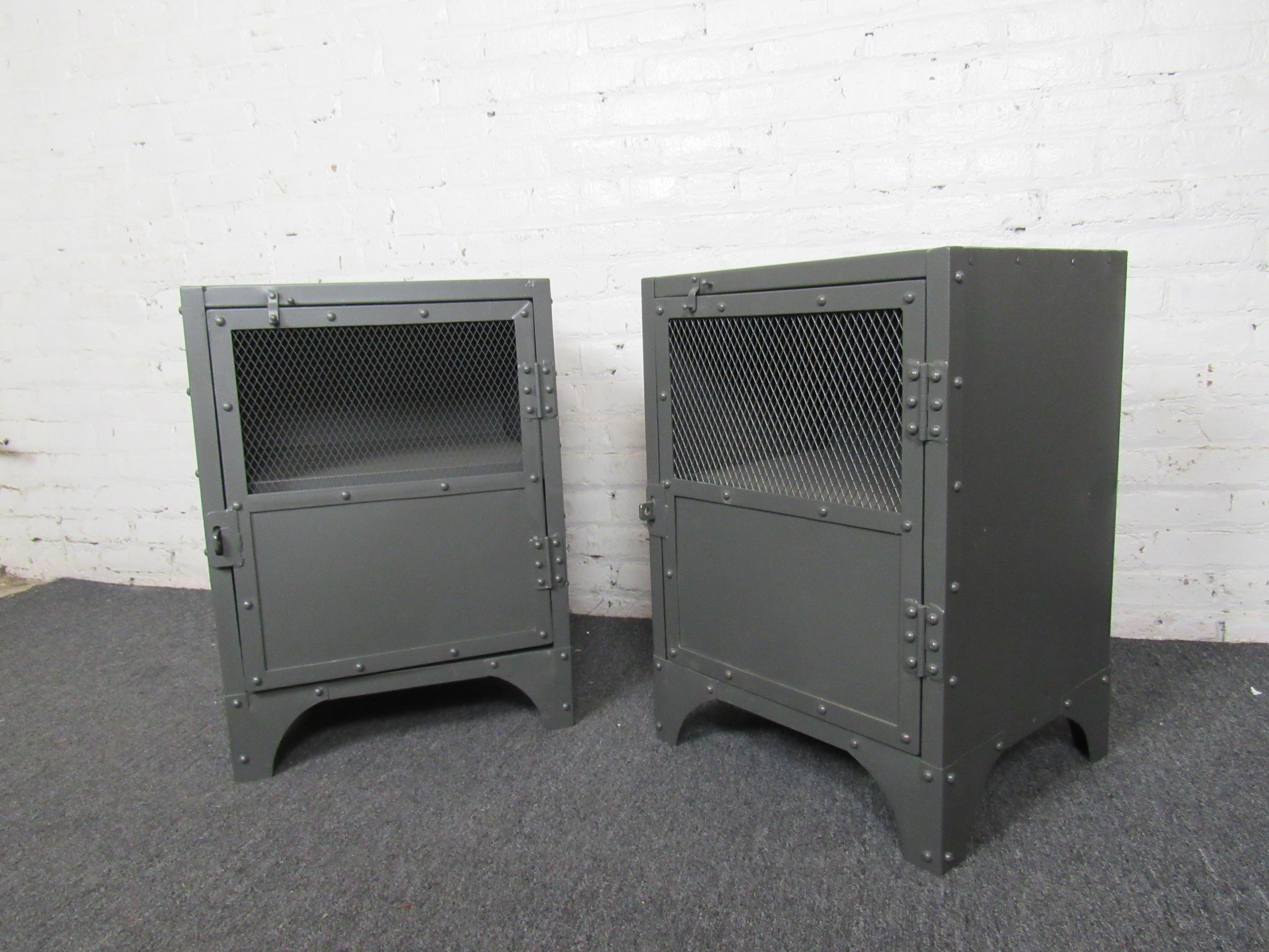A matching pair of industrial-style side tables with a unique design and plenty of storage. Perfect for adding industrial character to any shop, garage, or workspace. Please confirm item location with seller (NY/NJ).
   