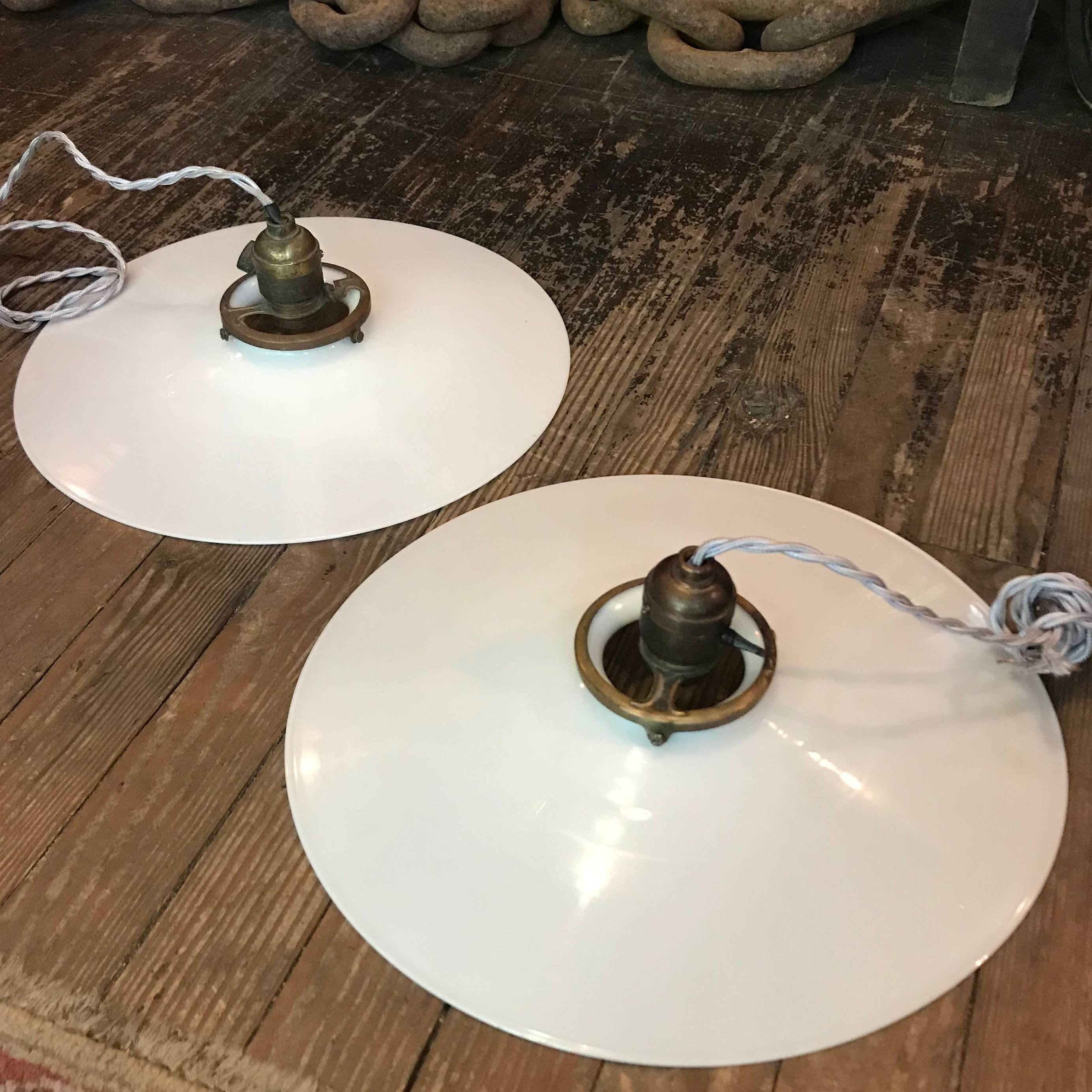 Pair of Industrial Milk Glass Disc Pendant Lights 1