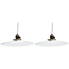 Pair of Industrial Milk Glass Disc Pendant Lights