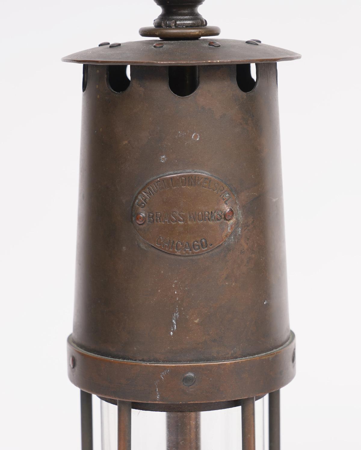 American Pair of Industrial Miner's Lanterns Marked Dinkelspiel Converted to Table Lamps