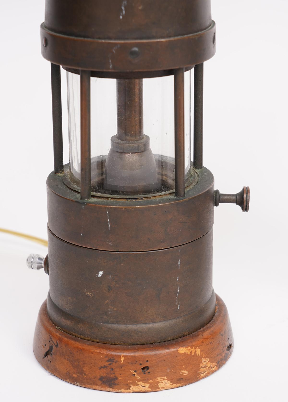 Pair of Industrial Miner's Lanterns Marked Dinkelspiel Converted to Table Lamps In Good Condition In Ft. Lauderdale, FL