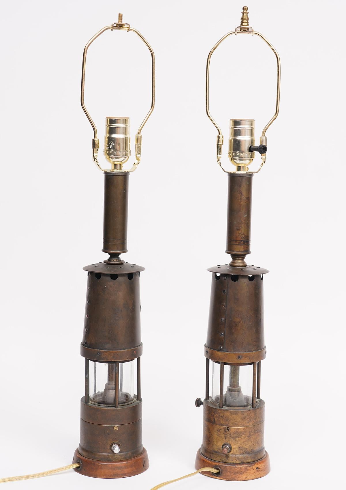 Brass Pair of Industrial Miner's Lanterns Marked Dinkelspiel Converted to Table Lamps