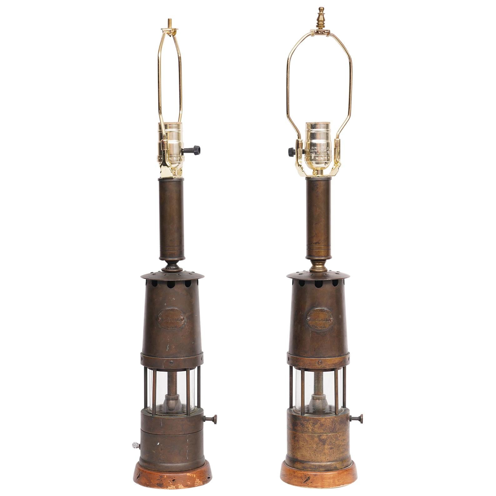 Pair of Industrial Miner's Lanterns Marked Dinkelspiel Converted to Table Lamps