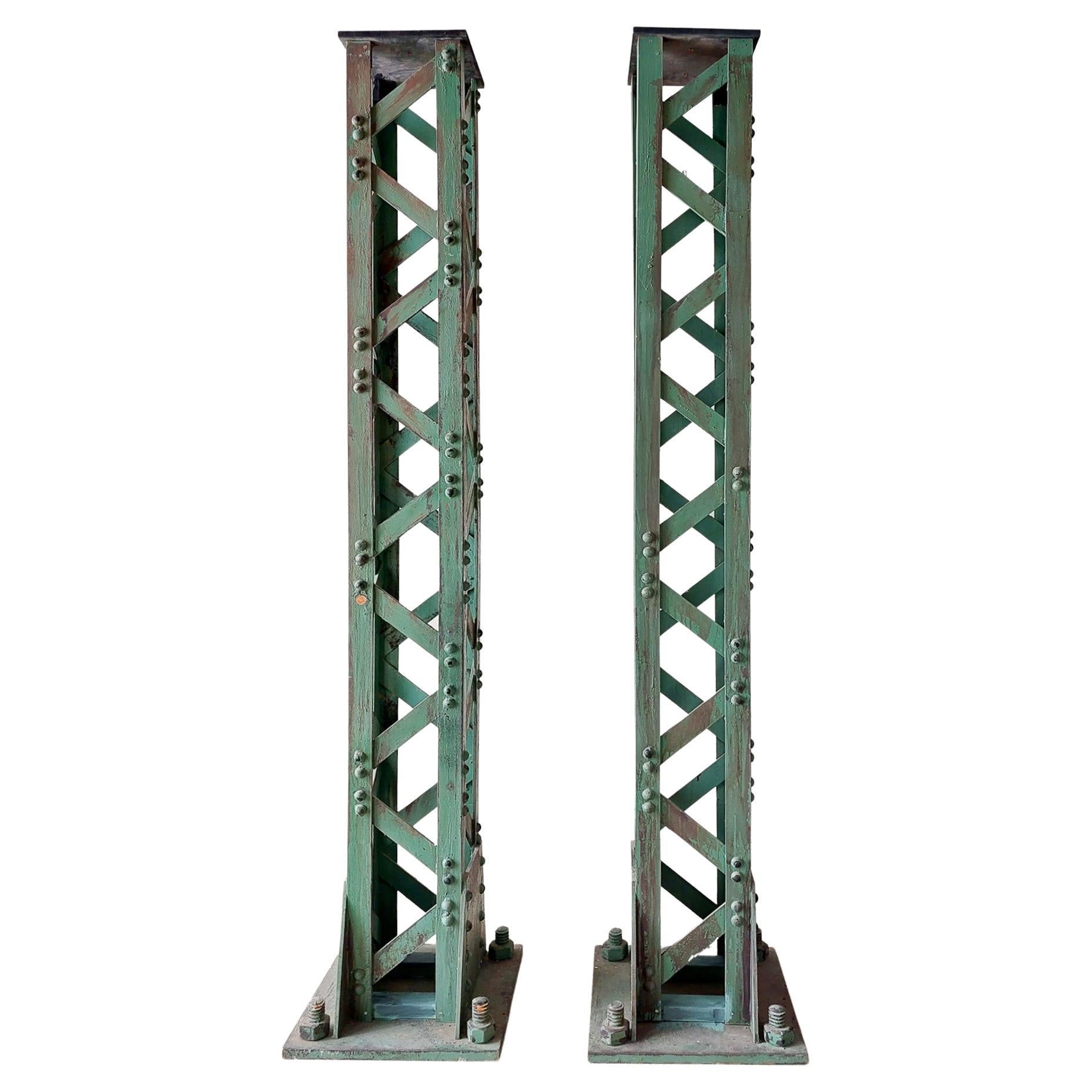 Pair of Industrial Movie Props Green Patinated MDF Riveted Columns Metal Look For Sale