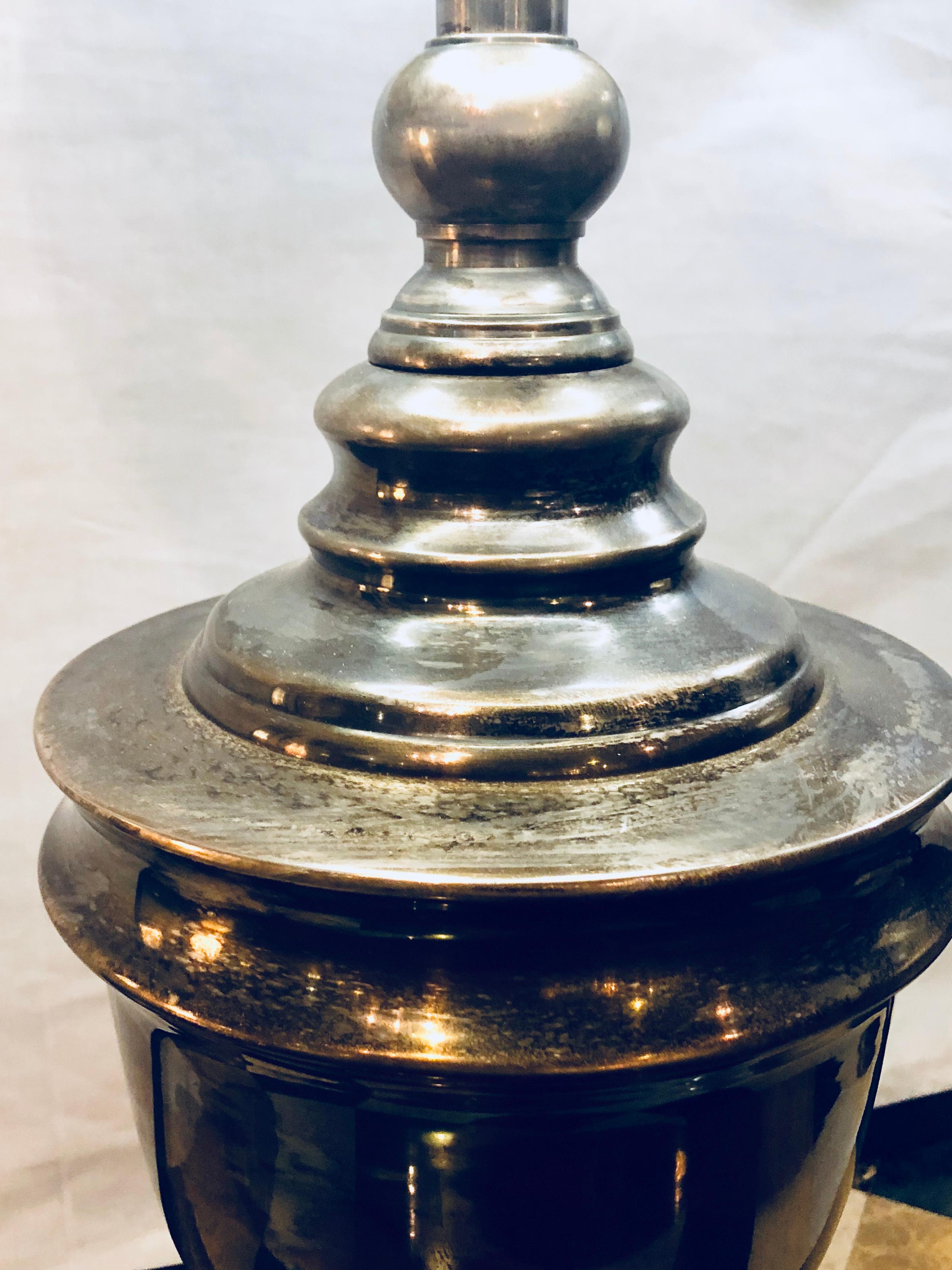 Pair of Industrial Nickel Finish Urn Lamps with Matching Shades In Good Condition In Stamford, CT