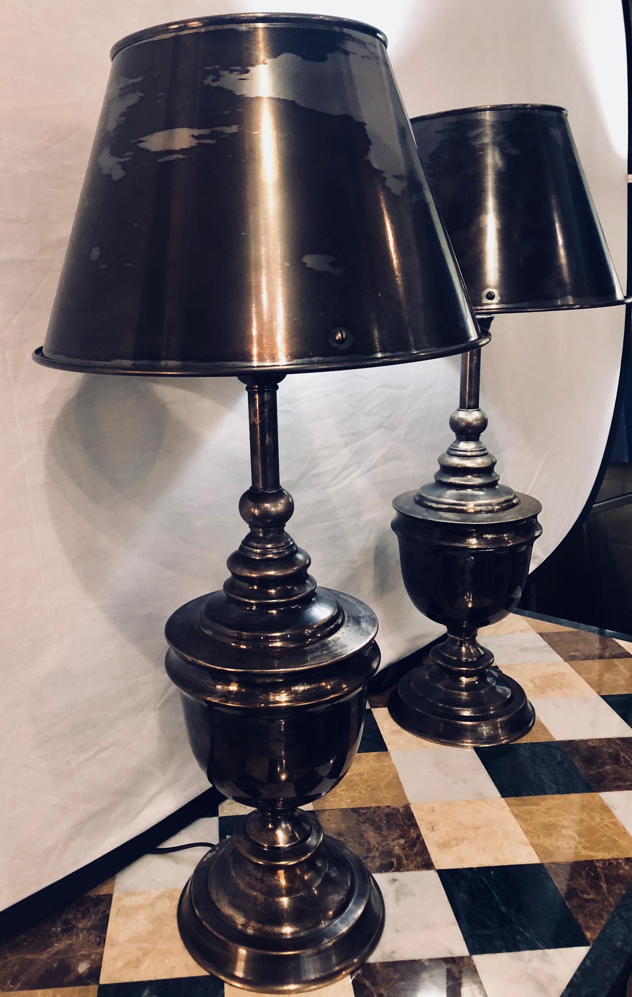 Pair of Industrial Nickel Finish Urn Lamps with Matching Shades 3