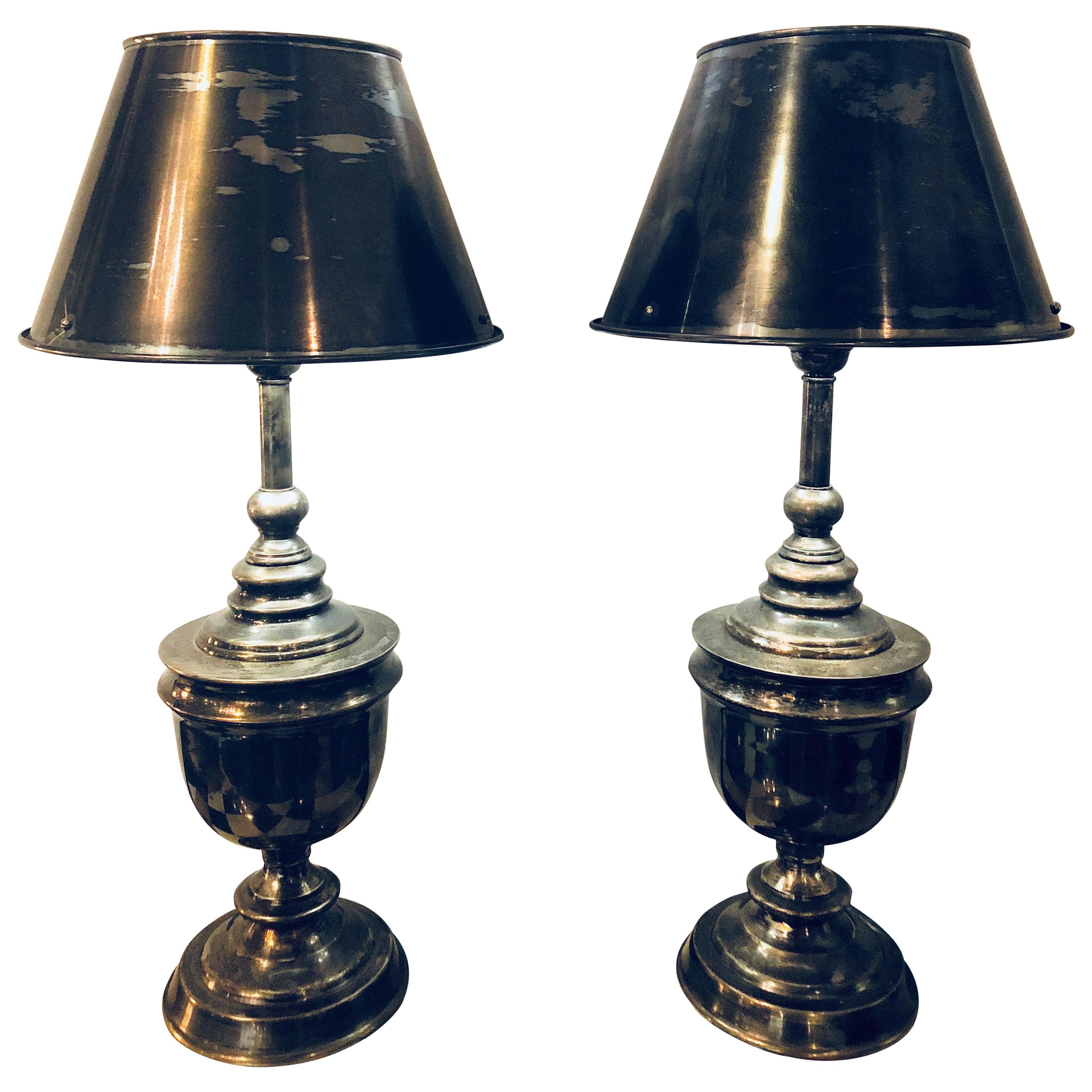 Pair of Industrial Nickel Finish Urn Lamps with Matching Shades