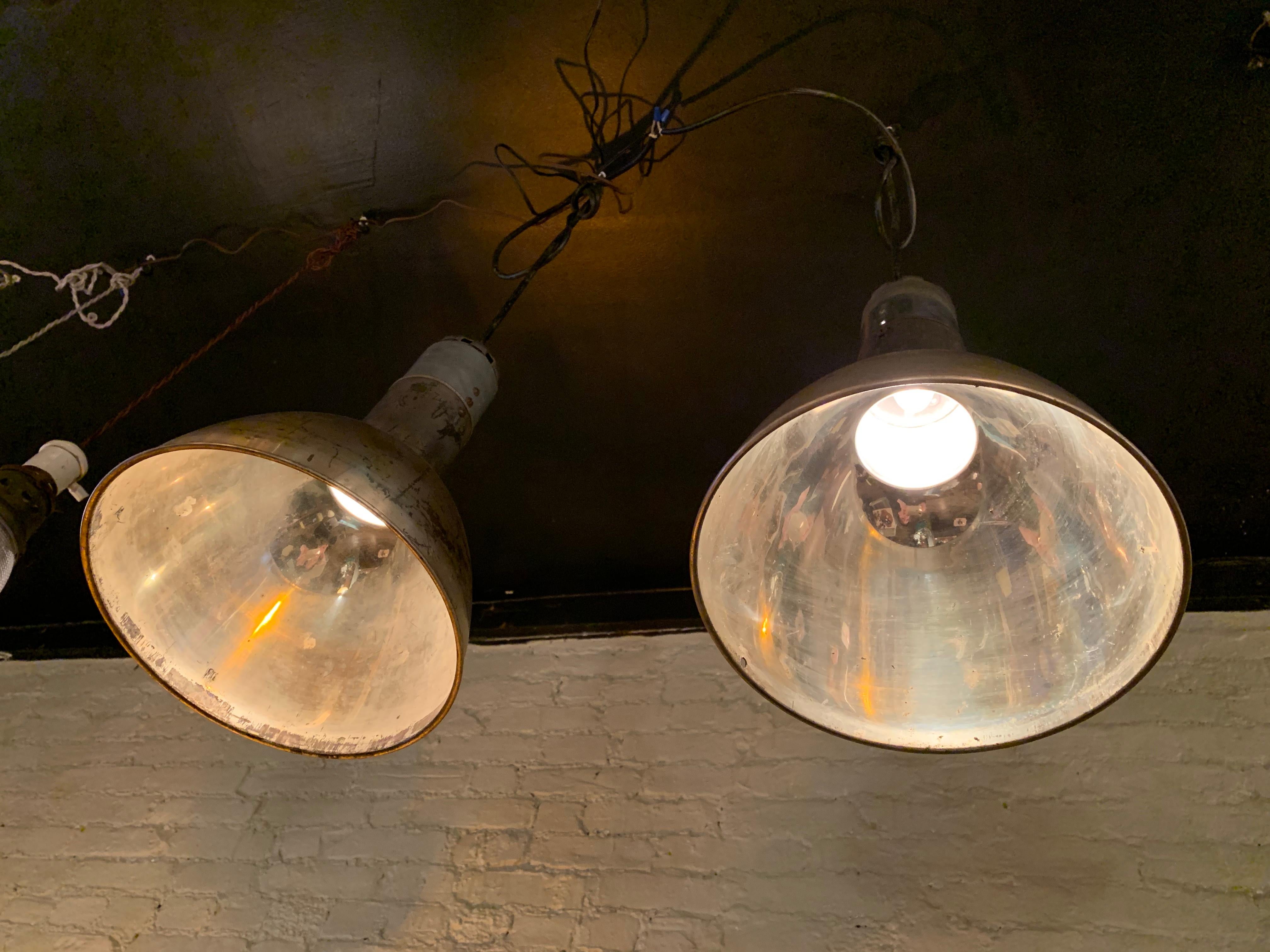 20th Century Pair of Industrial Nickel-Plated Steel Dome Factory Pendant Lights
