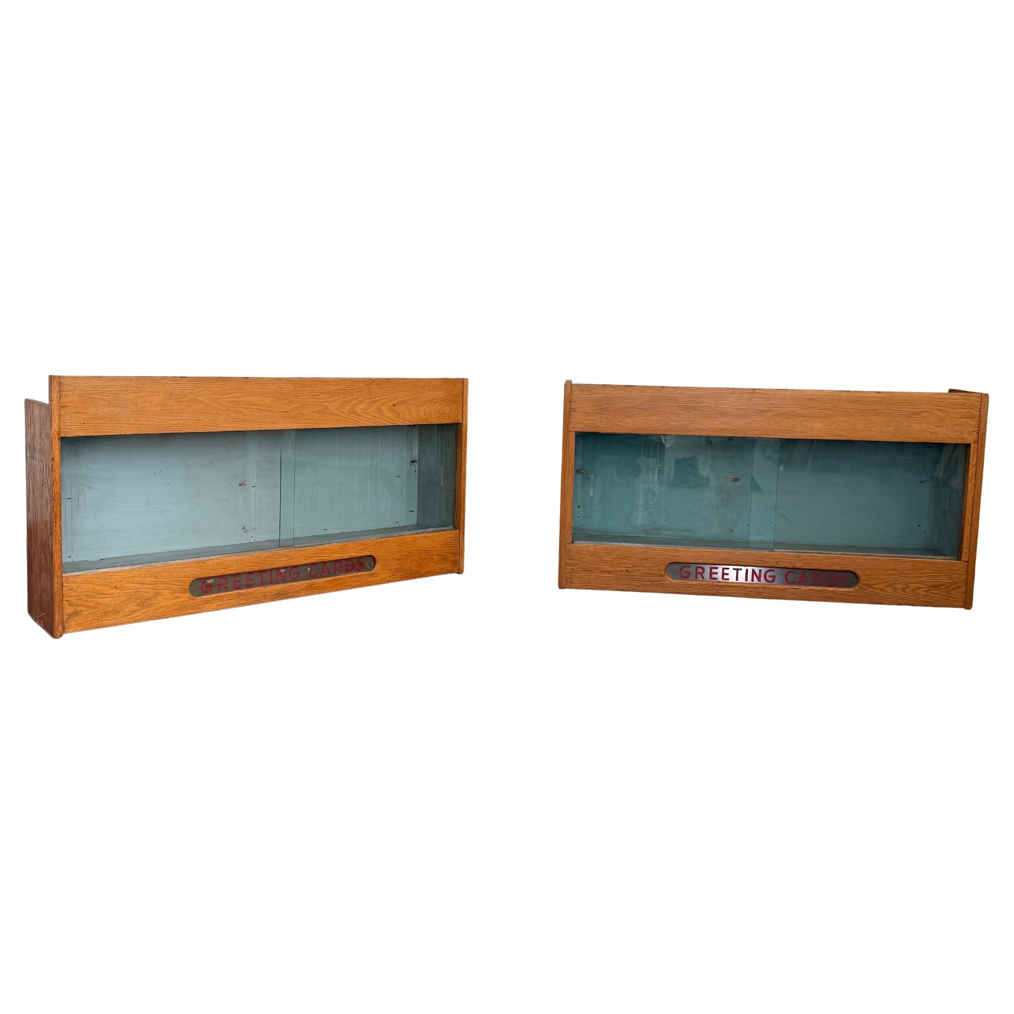 Pair Of Industrial Oak "Greeting Cards" Display Case Cabinets For Sale