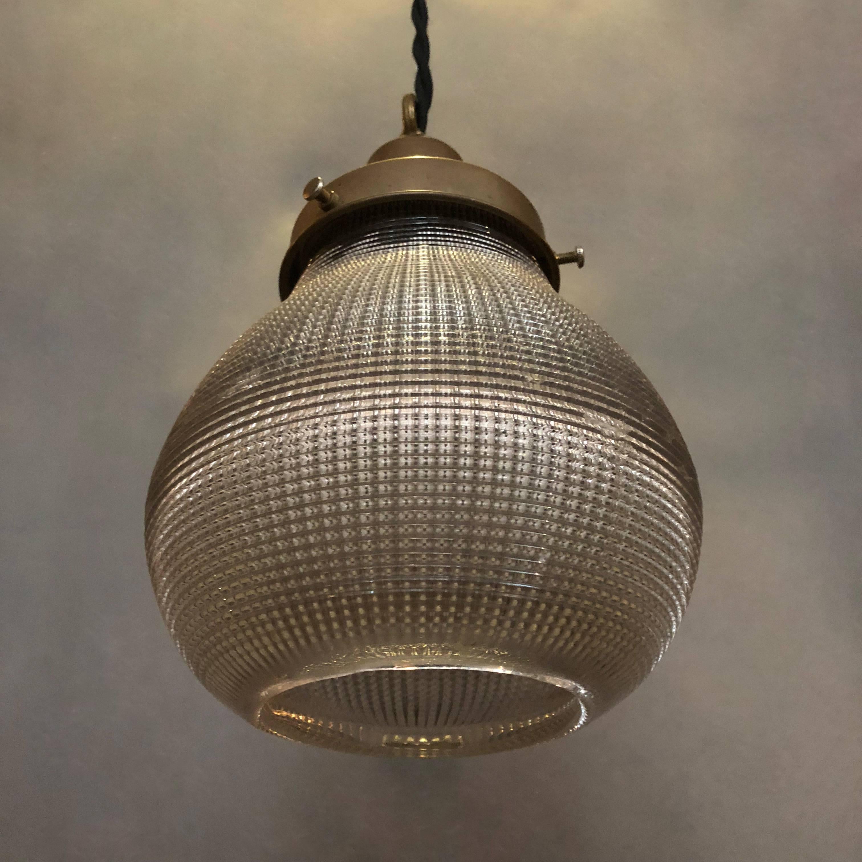 Mid-20th Century Pair of Industrial Open Prismatic Holophane Glass Pear Pendant Lights