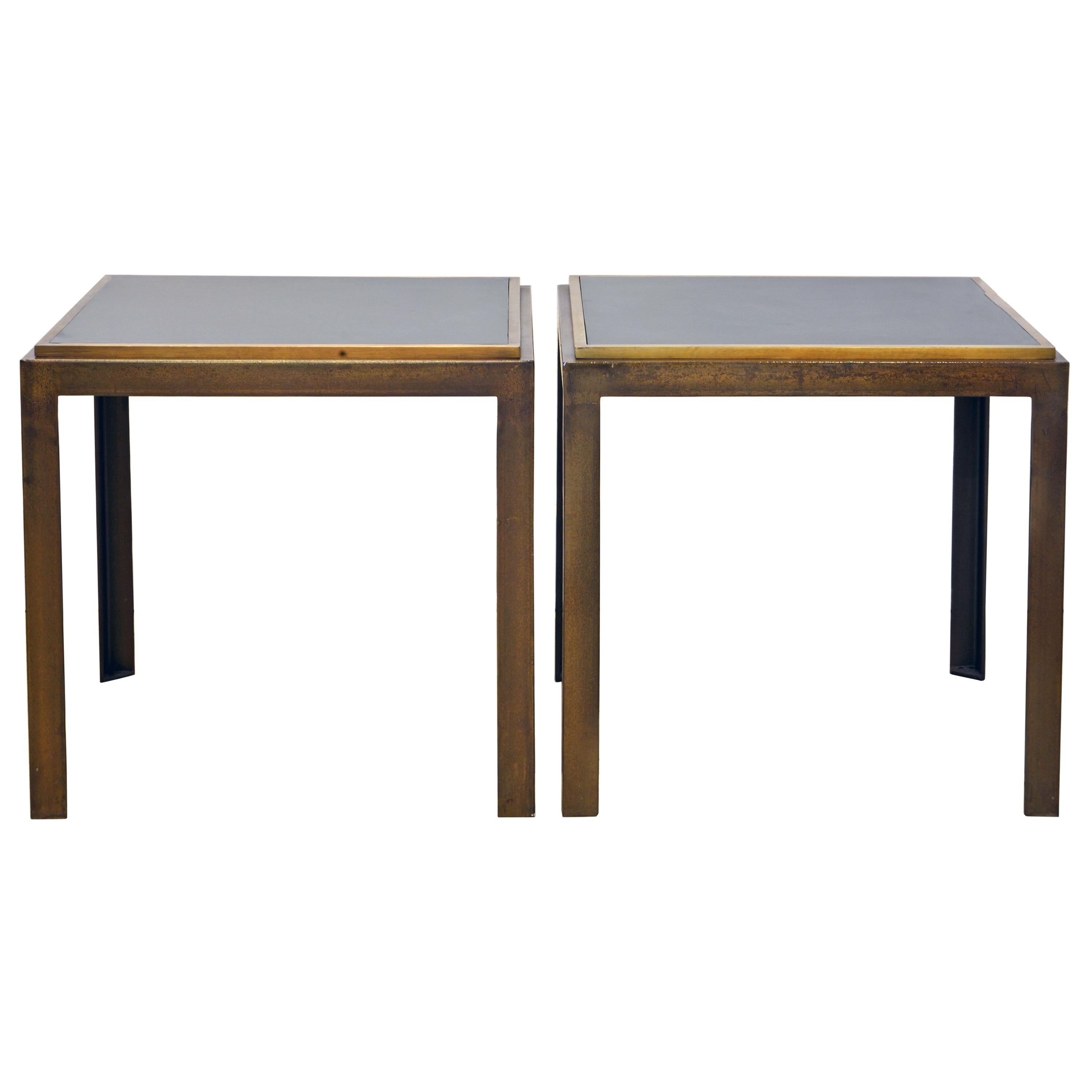 Pair of Industrial Parsons Style Lacquered Steel Minimalist End Tables 20th C