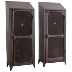 Used Pair of Industrial Patinated Iron Locker Cabinets