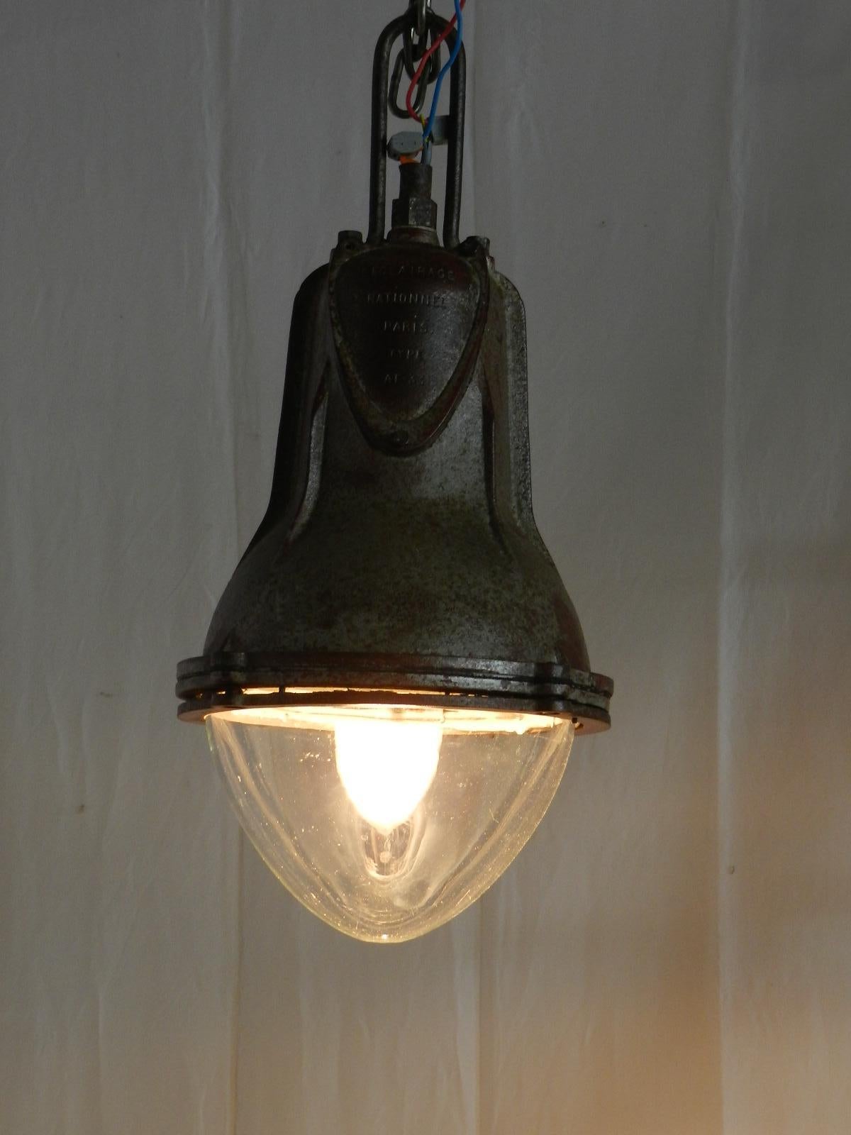 Mid-20th Century Pair of Industrial Pendant Lights Large French Glass Iron and Chains Midcentury