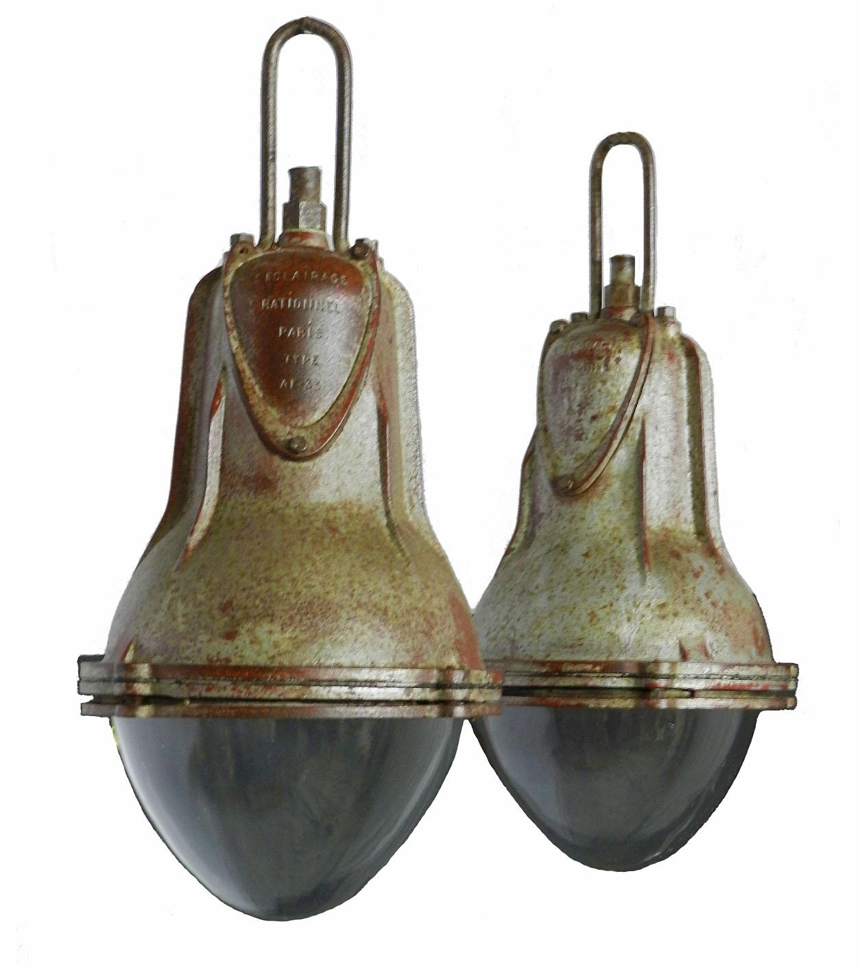 Pair of Industrial Pendant Lights Large French Glass Iron and Chains Midcentury 1