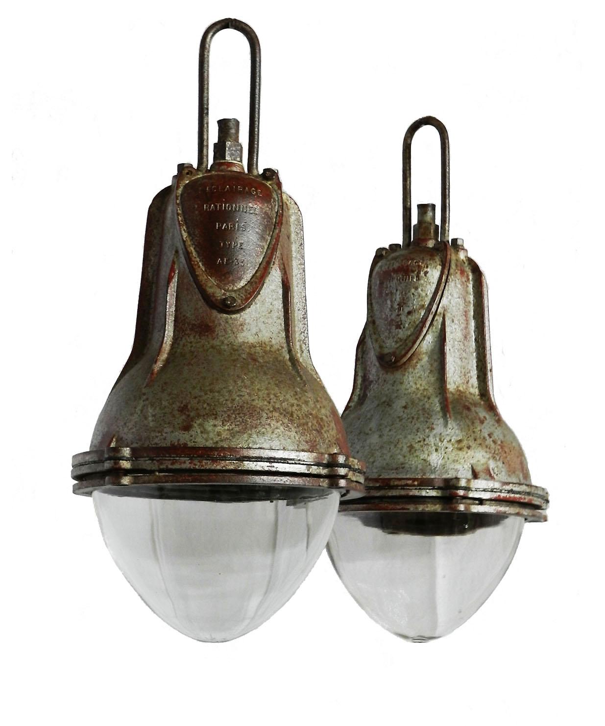 Pair of Industrial Pendant Lights Large French Glass Iron and Chains Midcentury 4