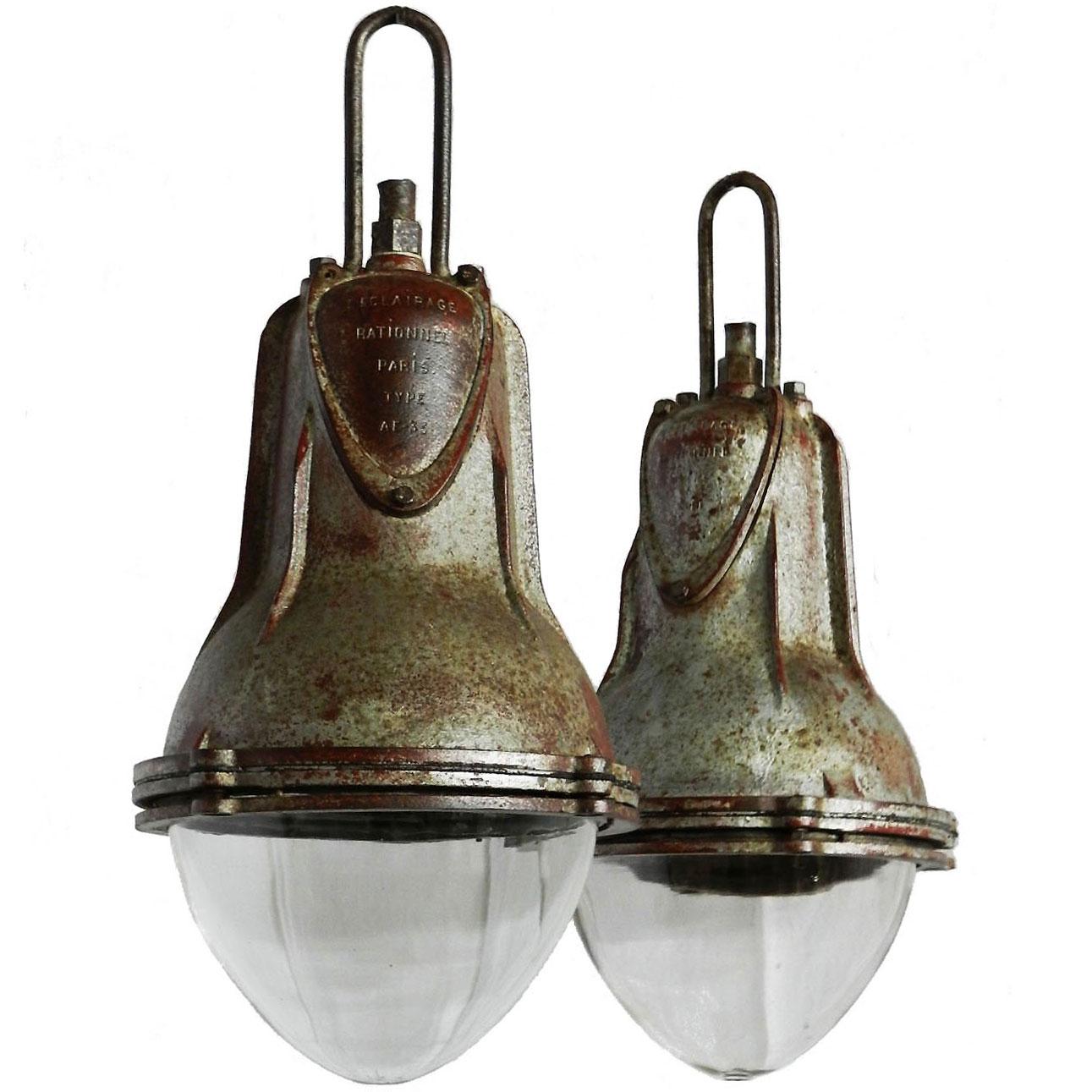 Pair of Industrial Pendant Lights Large French Glass Iron and Chains Midcentury