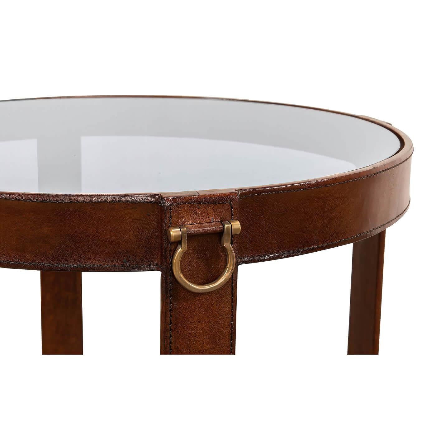 Asian Pair of Industrial Round Leather End Tables For Sale