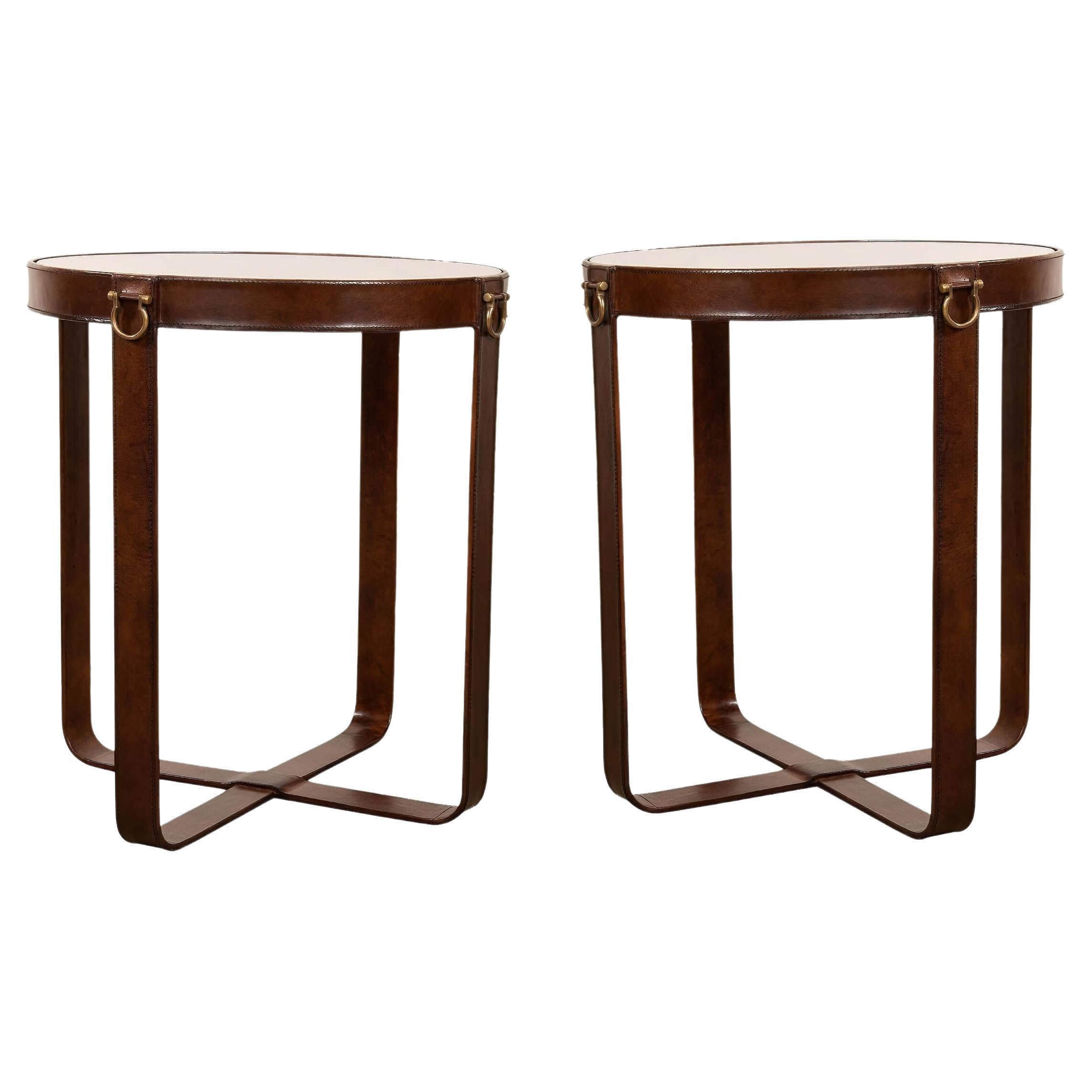 Pair of Industrial Round Leather End Tables For Sale