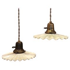 Pair of Industrial Ruffled Milk Glass Disc Pendant Lights
