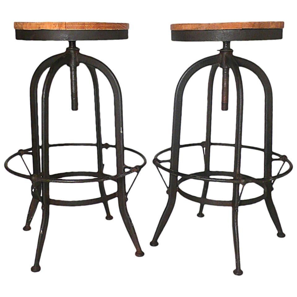 Pair of Industrial Stools and Wooden Seats, Italy, 1930