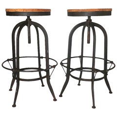 Pair of Industrial Stools and Wooden Seats, Italy, 1930