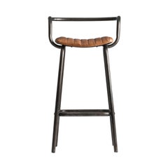 Pair of Industrial Style Black Metal and Cognac Leather Bar Stools