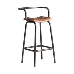 Pair of Industrial Style Black Metal and Cognac Leather Bar Stools
