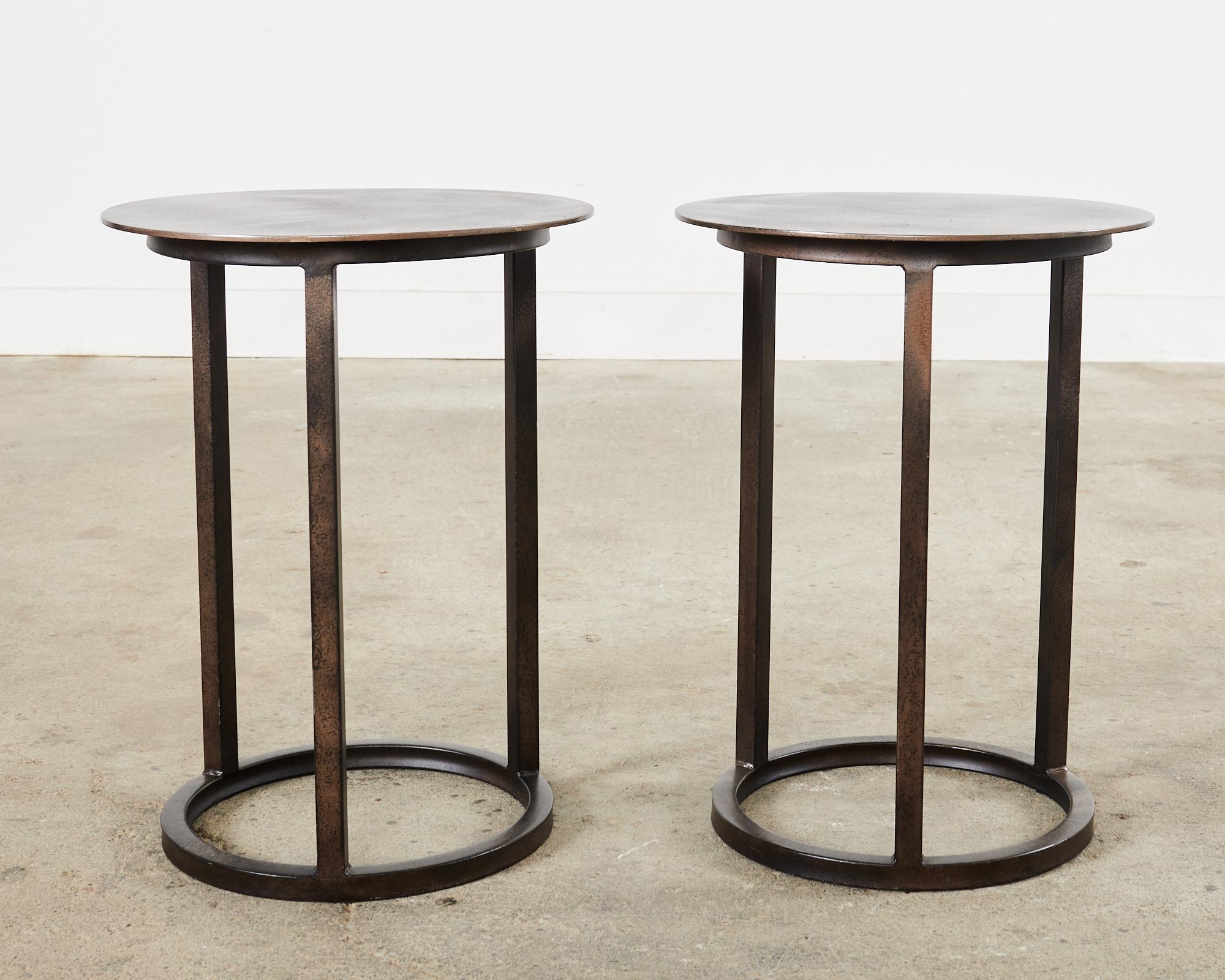 Contemporary Pair of Industrial Style Bronzed Iron Round Drinks Table For Sale