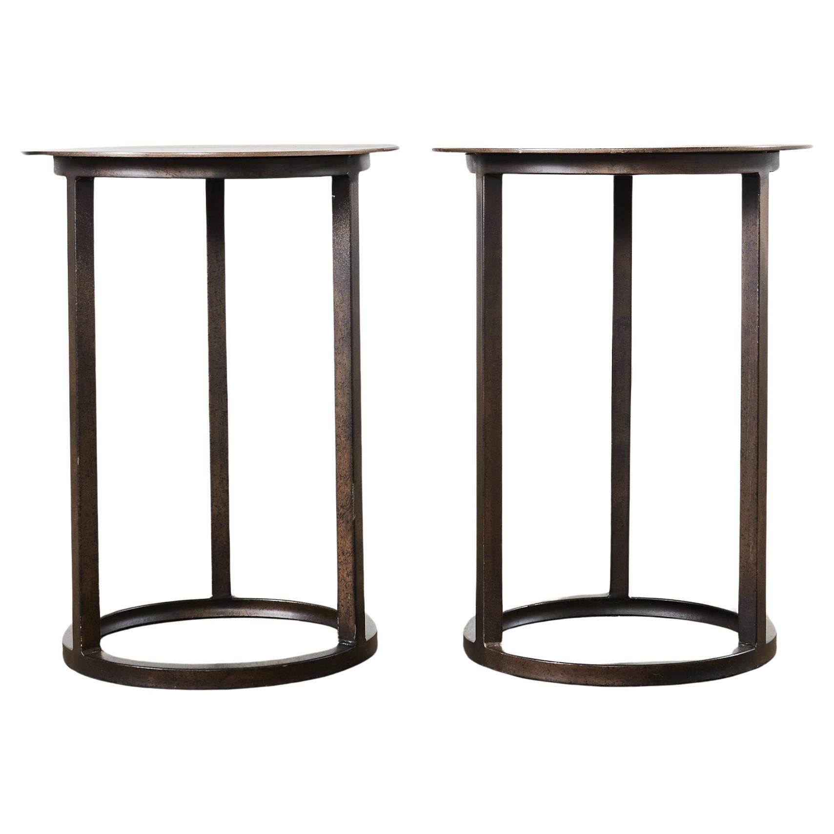 Pair of Industrial Style Bronzed Iron Round Drinks Table For Sale