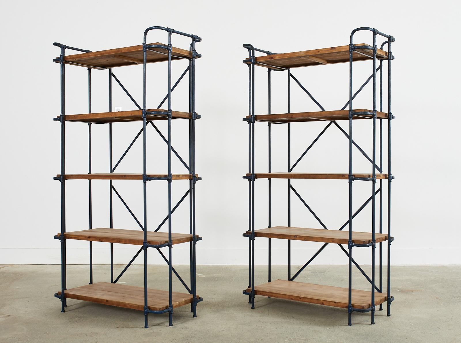 Painted Pair of Industrial Style Five Shelf Bookcase Etageres
