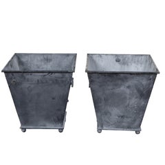 Pair of Industrial Style Grey Metal Planters with Tapered Lines and Ring Pulls