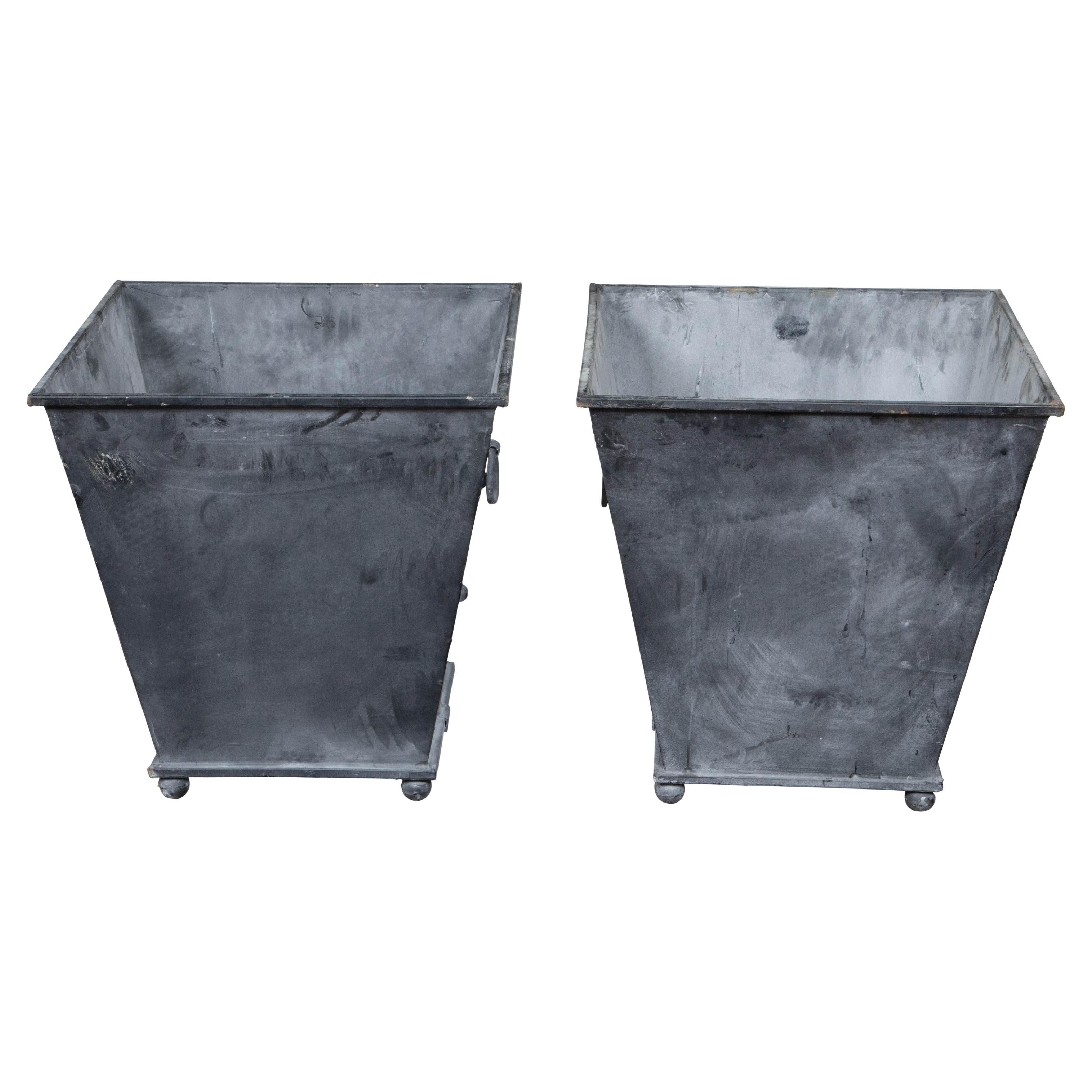 Pair of Industrial Style Grey Metal Planters with Tapered Lines and Ring Pulls For Sale