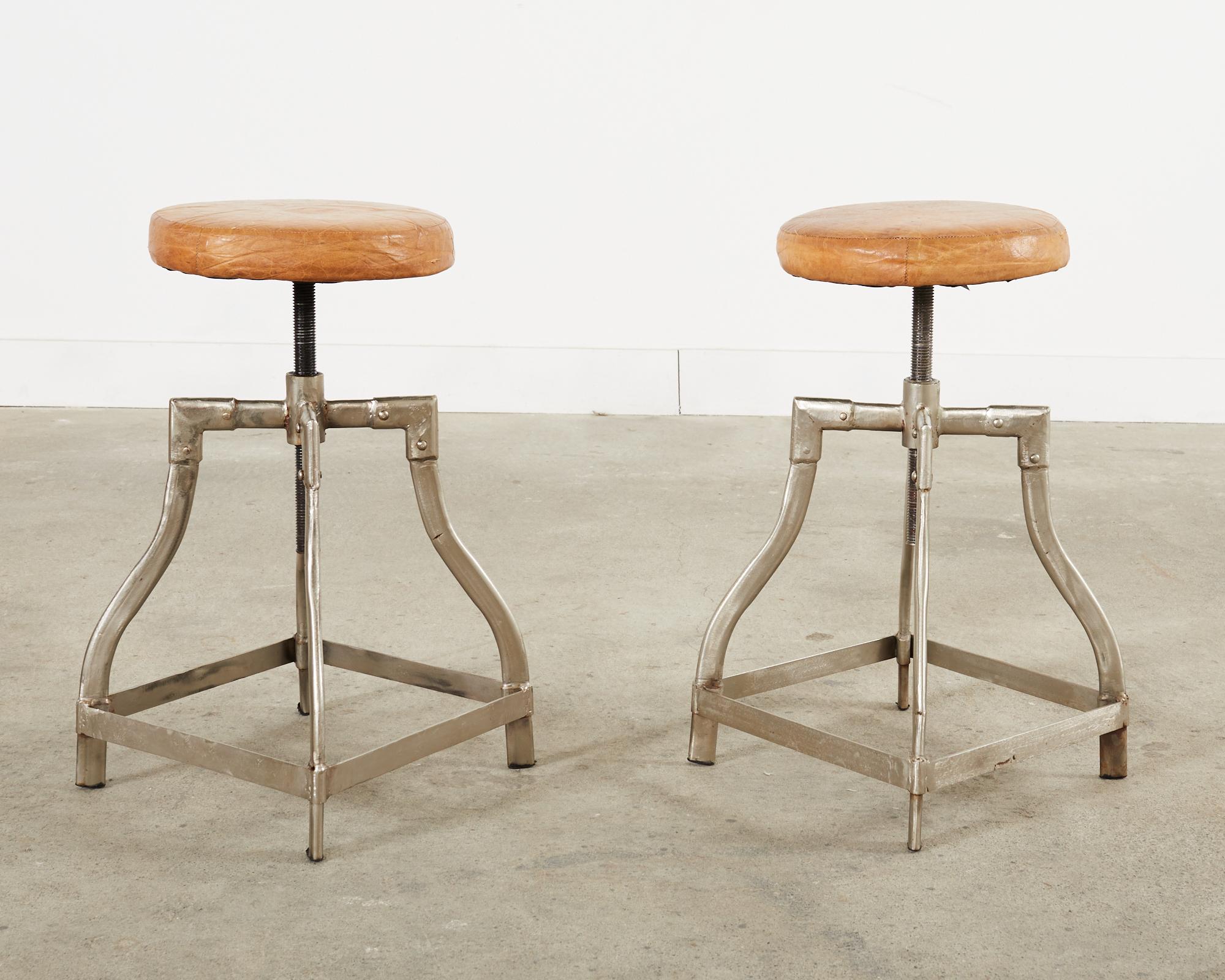 Pair of Industrial Style Polished Steel Machinists Stools In Distressed Condition In Rio Vista, CA