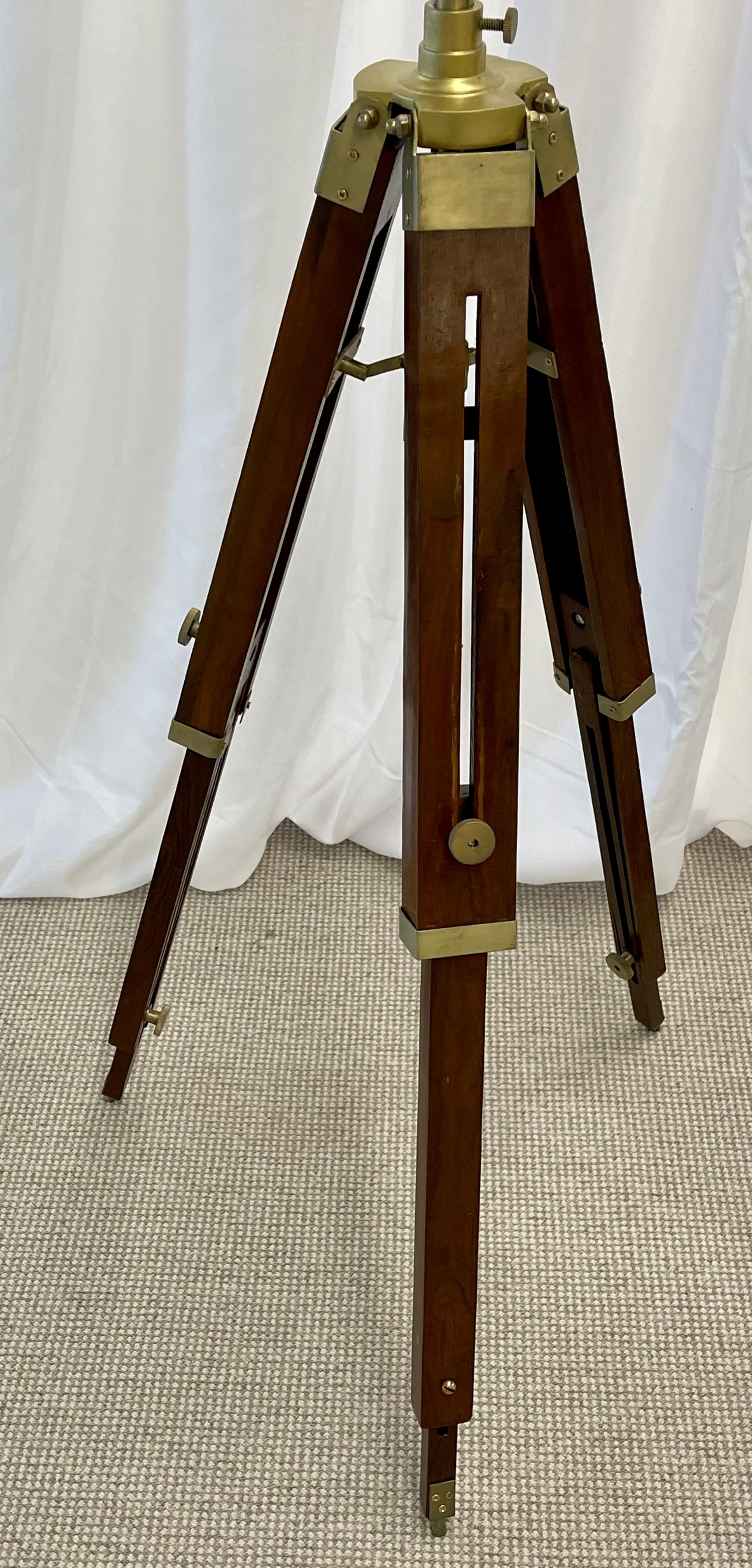 Pair of Industrial Style Search Lights, Mahogany Tri-Pod Base For Sale 4