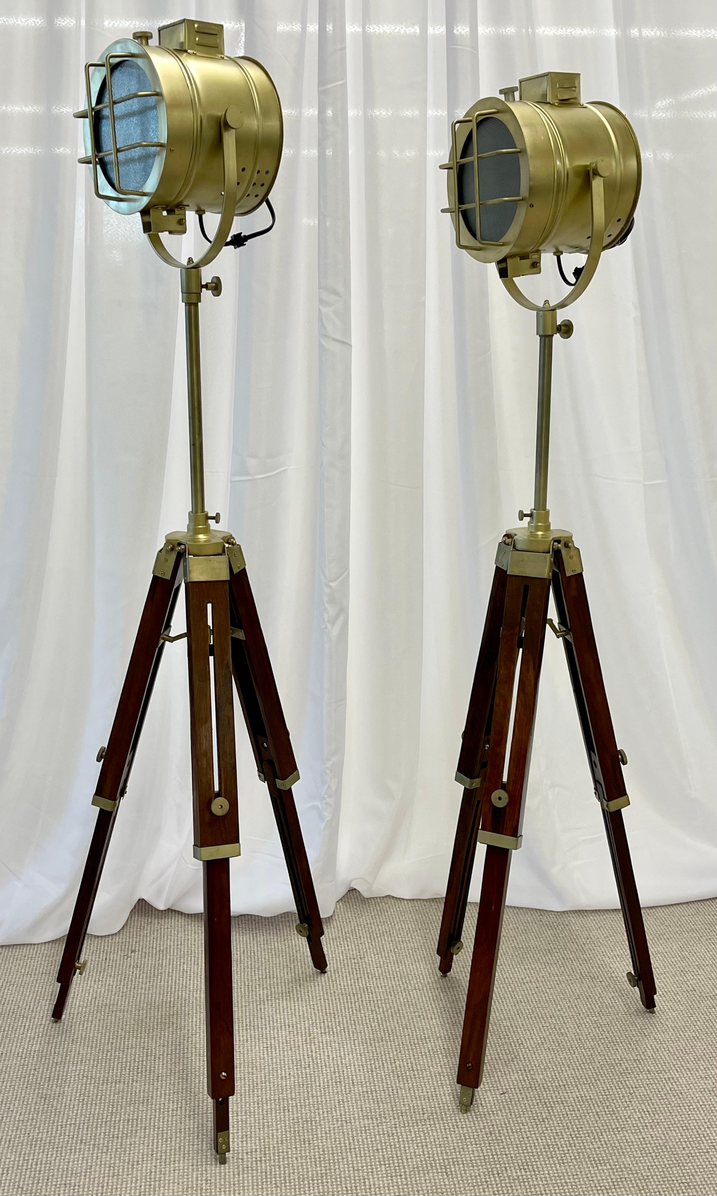 Pair of Industrial Style Search Lights, Mahogany Tri-Pod Base For Sale 6
