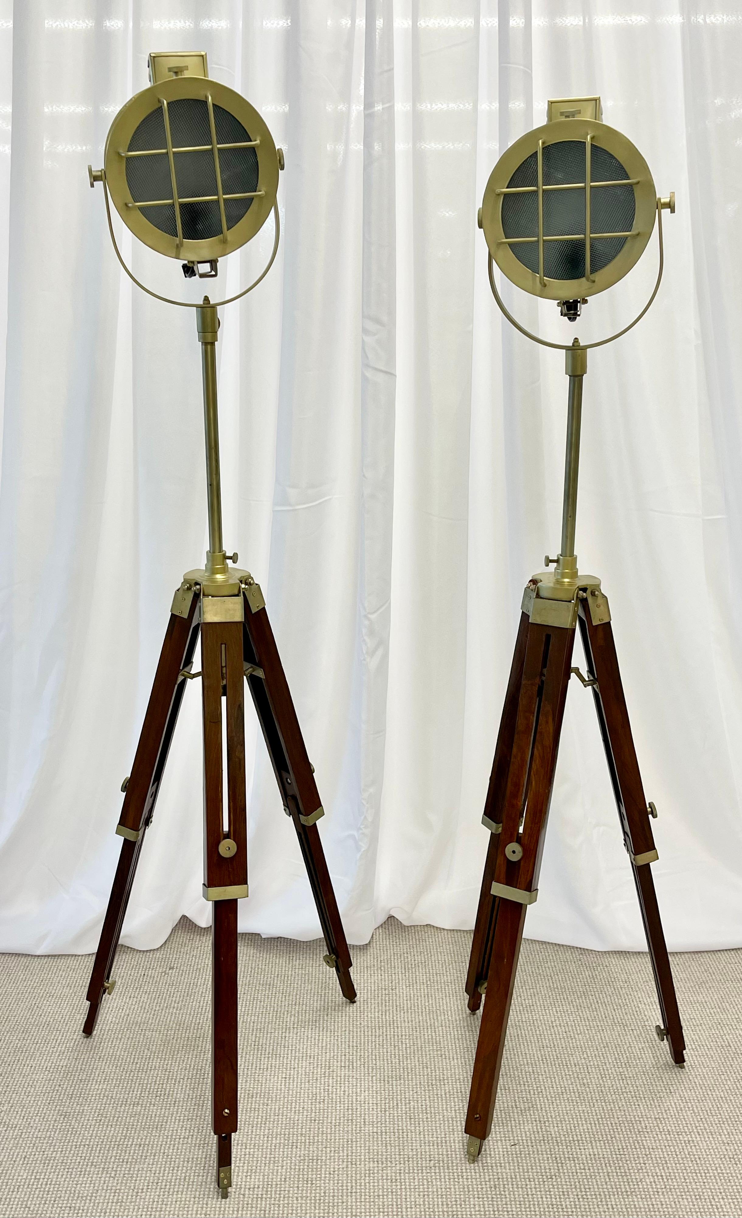 Modern Pair of Industrial Style Search Lights, Mahogany Tri-Pod Base For Sale