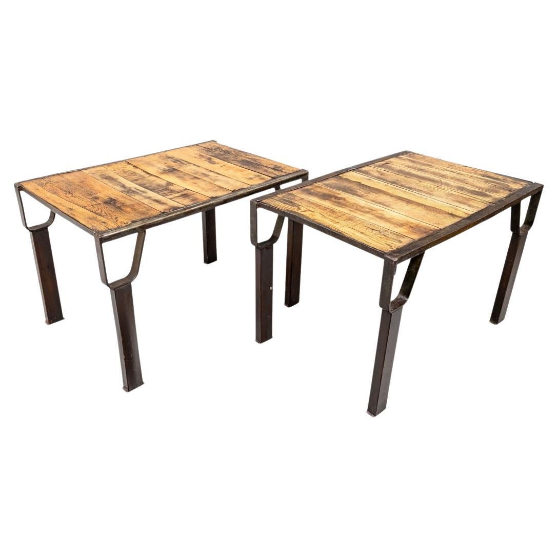 Pair Of Industrial Style Wood And Iron End Tables by Maine Furniture
