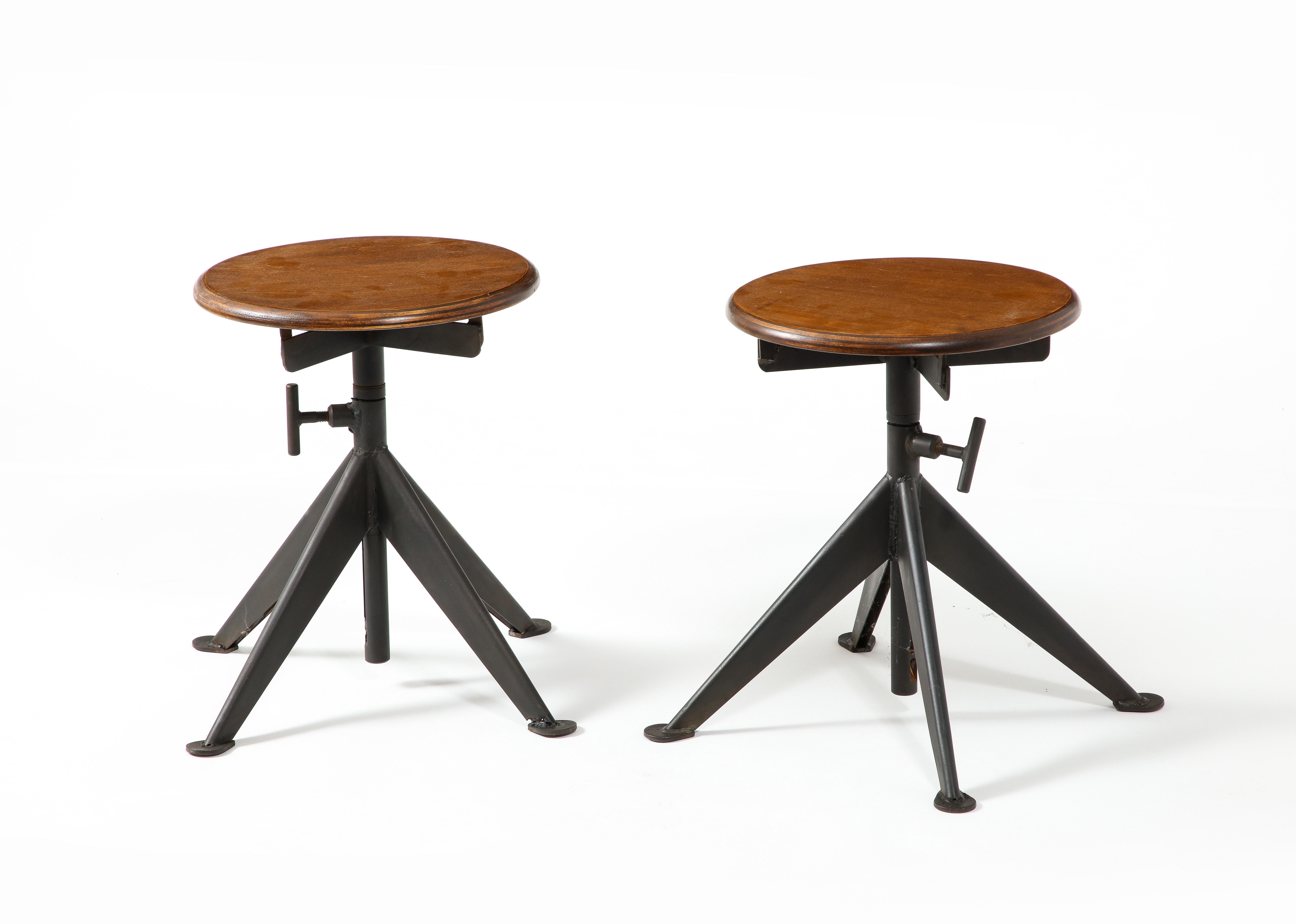 Brutalist Pair of Industrial Steel & Ply Swedish Stools, Sweden 1950's For Sale