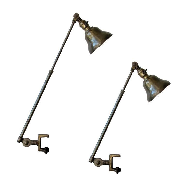 table mounted brass lamps, Arrow Type 2, model no.5, with pivot at mount and shade, extendable arm (14-24"), priced as a pair