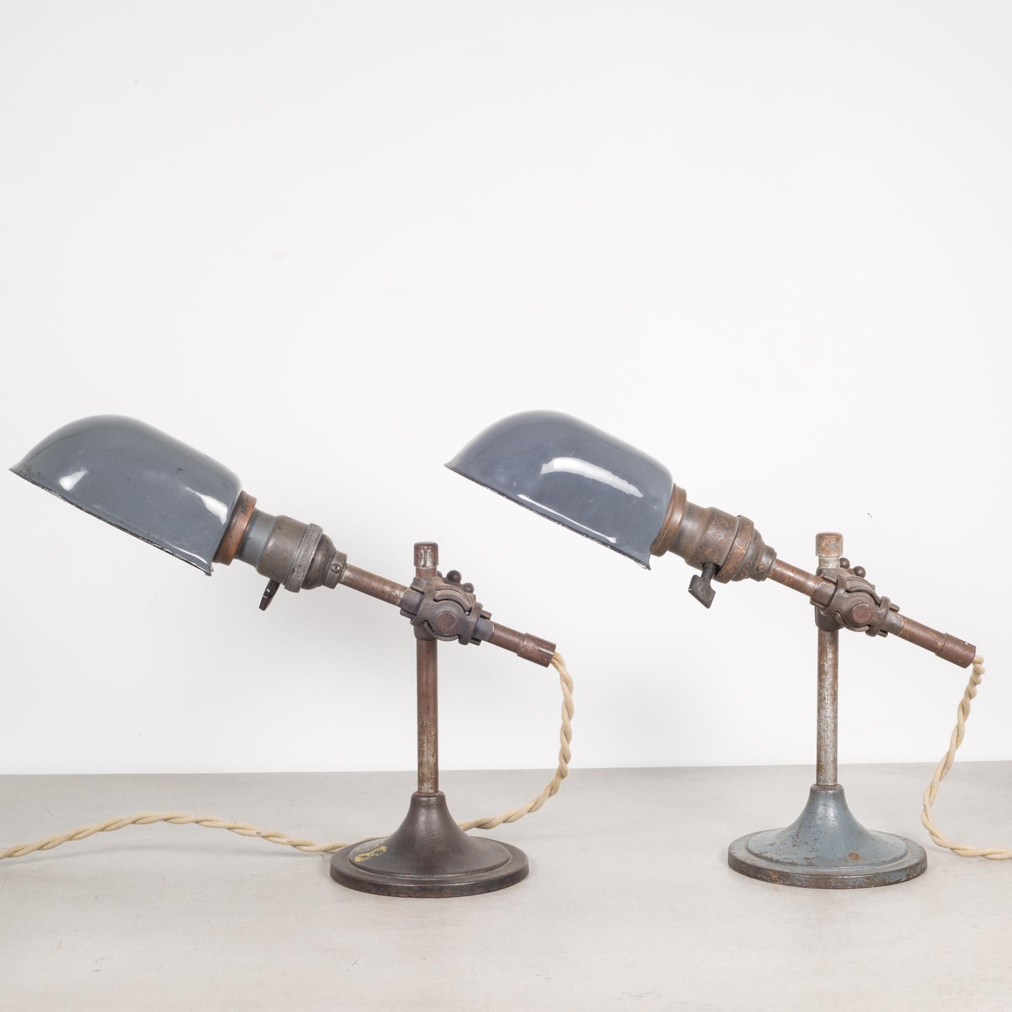 About

One has sold, one is avaialbe. 

An industrial task lamp with porcelain shade, iron base and fabric cord. Fully adjustable, the shade tilst and the height can be raised up and down. This piece has retained its original finish and works