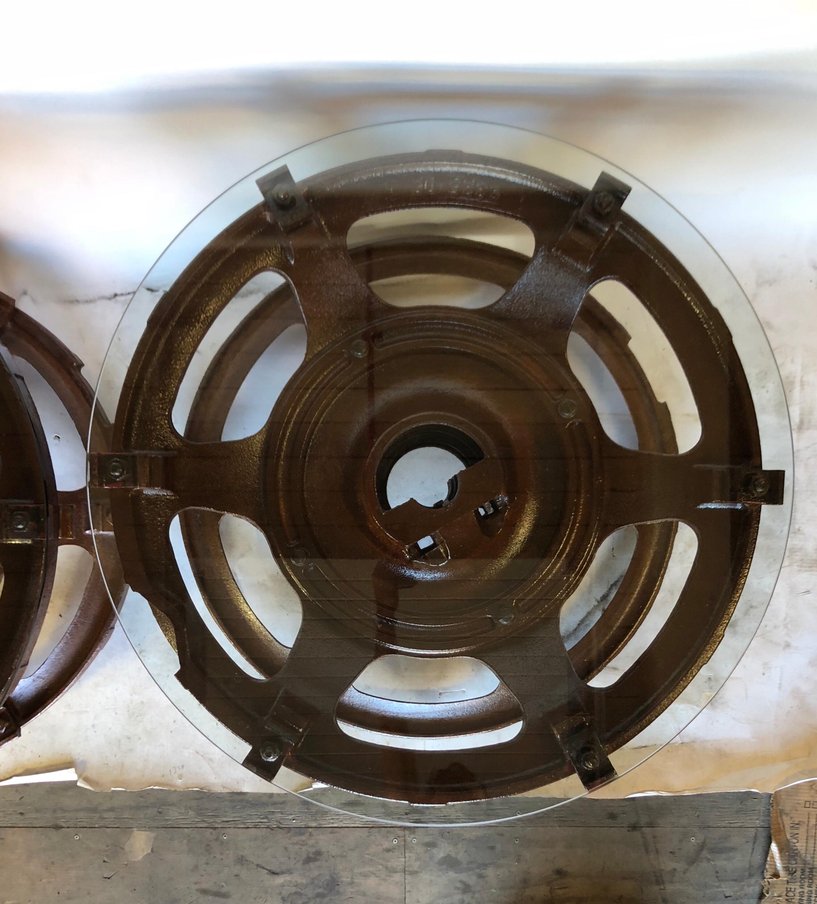 American Pair of Industrial Tractor Wheel Tables For Sale